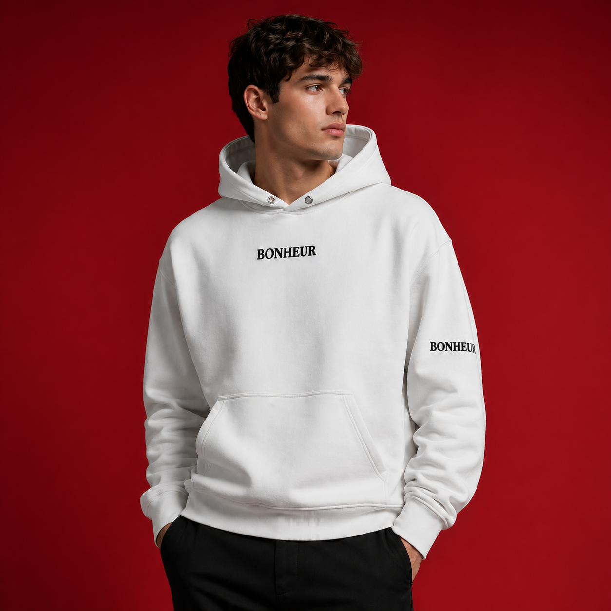 Bonheur regular fit hoodie made of 350 GSM soft fabric, shown in a casual, comfortable style with a hood and front pocket.