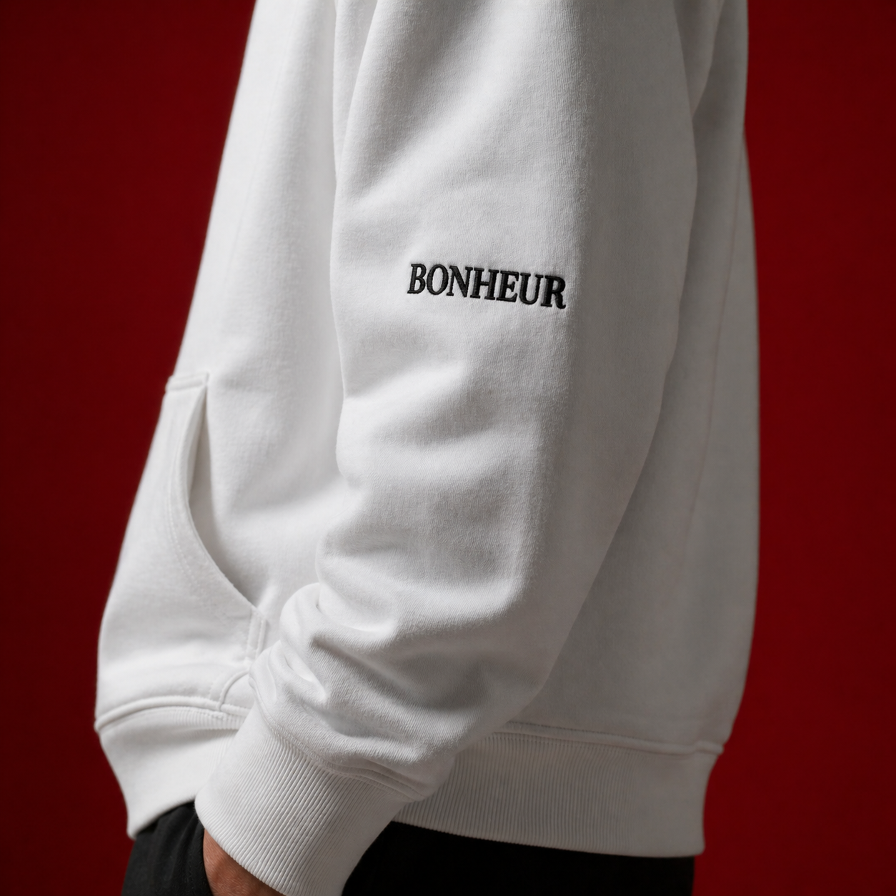Bonheur regular fit hoodie in 350 GSM, showcasing a cozy, casual design with a front pocket and ribbed cuffs.