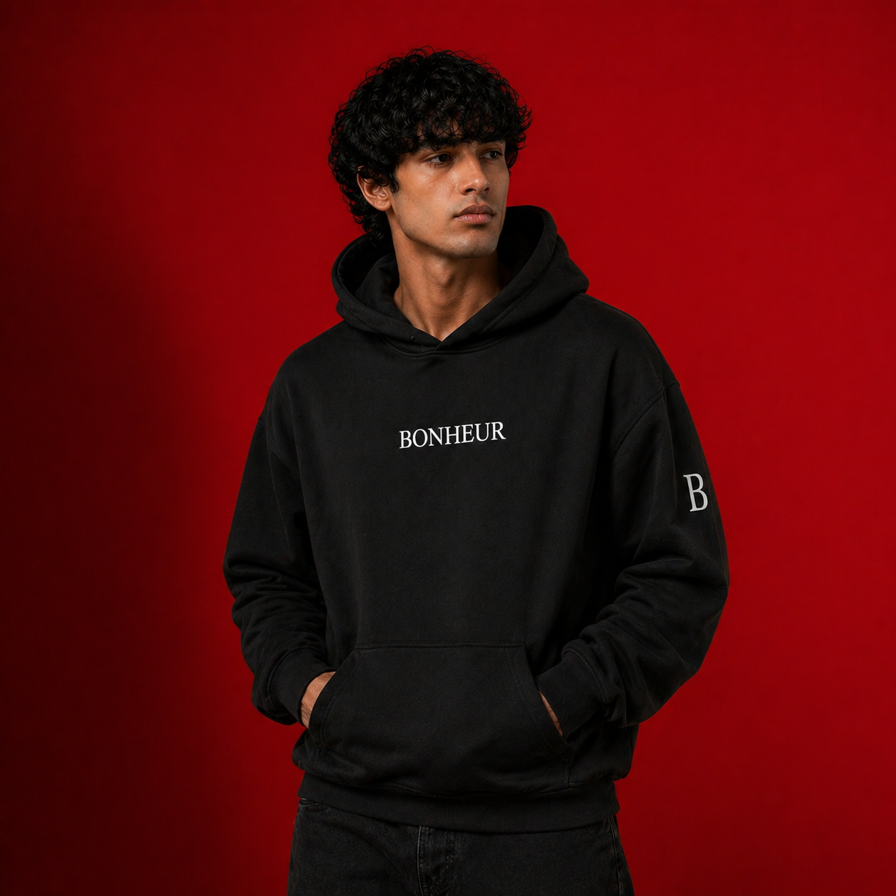 Bonheur oversized fit hoodie made from 450 GSM fabric, featuring a relaxed style and a cozy, soft texture.