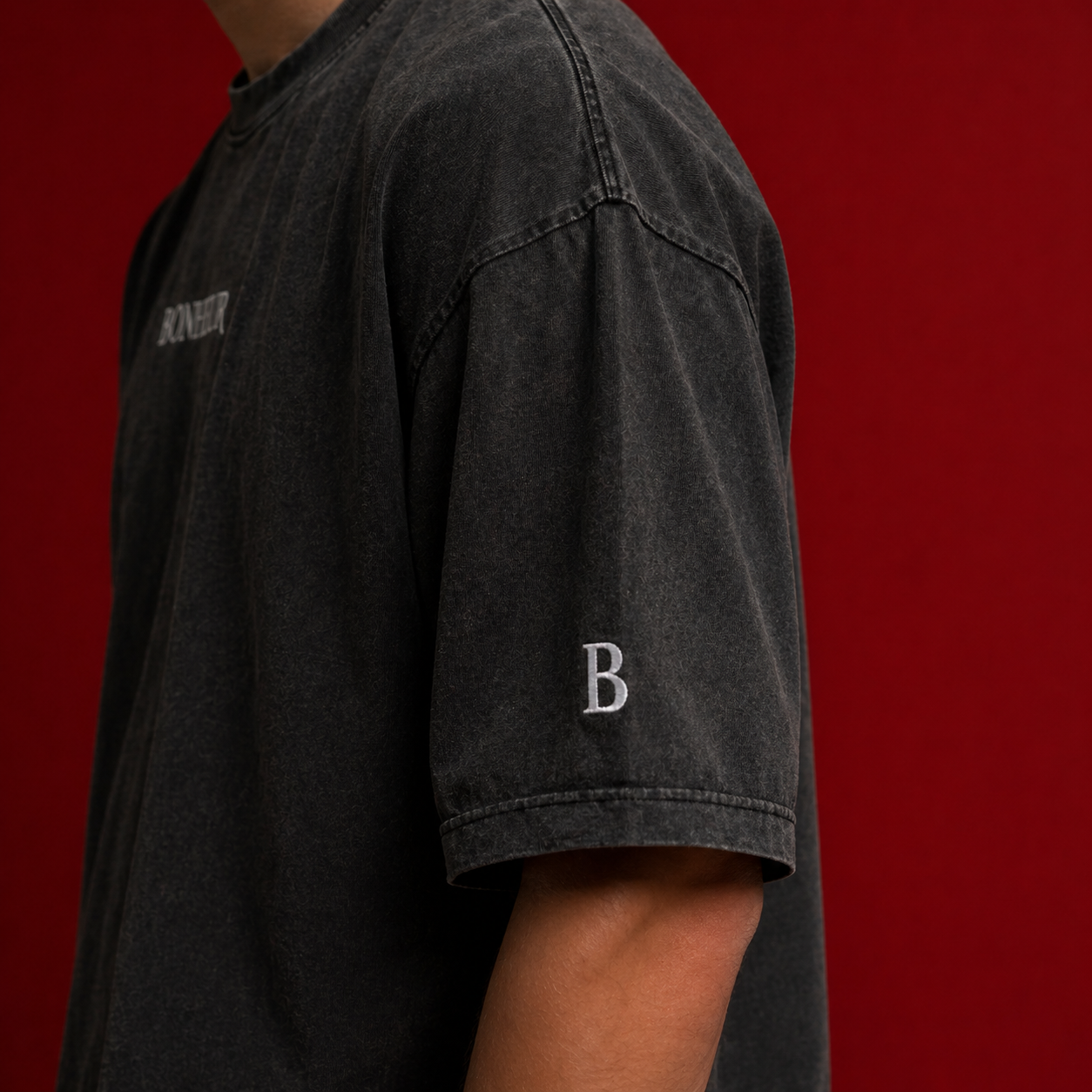 Bonheur Lava Die Acid Wash oversized fabric in 240GSM, showing a textured, acid-washed appearance on the material.