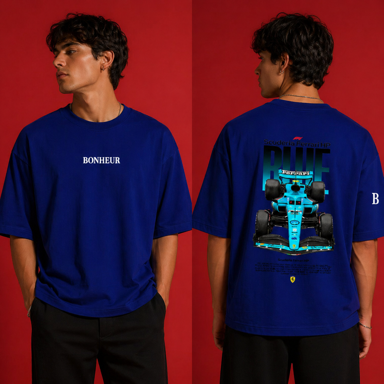 Unisex oversized Bonheur T-shirt in 260 GSM fabric, shown in a relaxed fit with soft cotton texture.