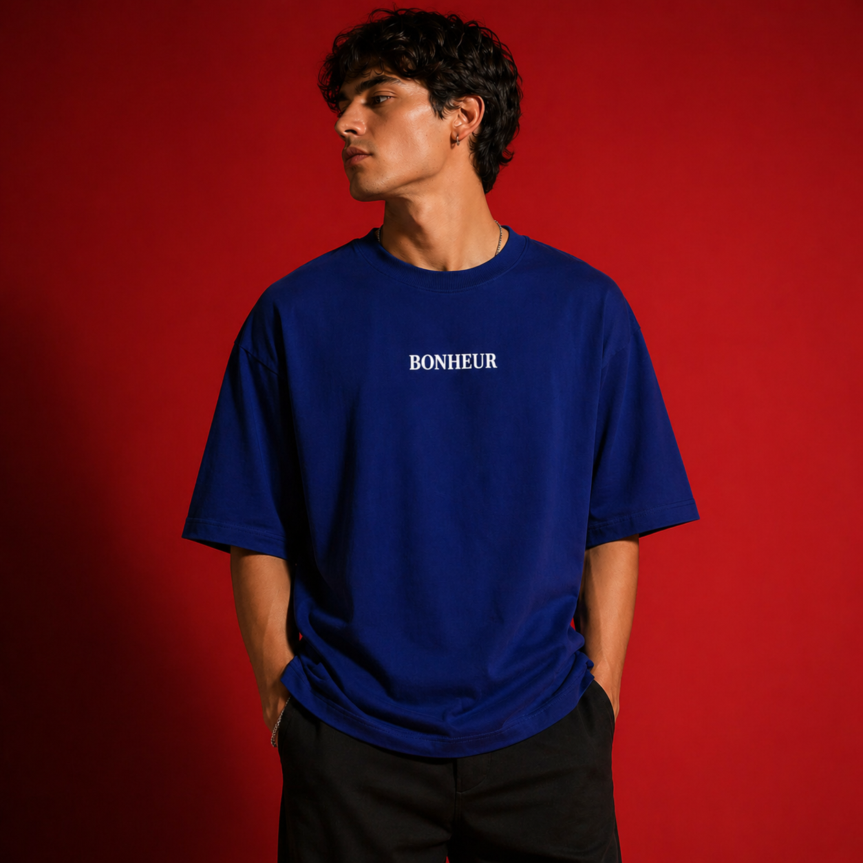 Unisex oversized T-shirt by Bonheur in 260 GSM fabric, shown in a relaxed fit style with soft, comfortable material.