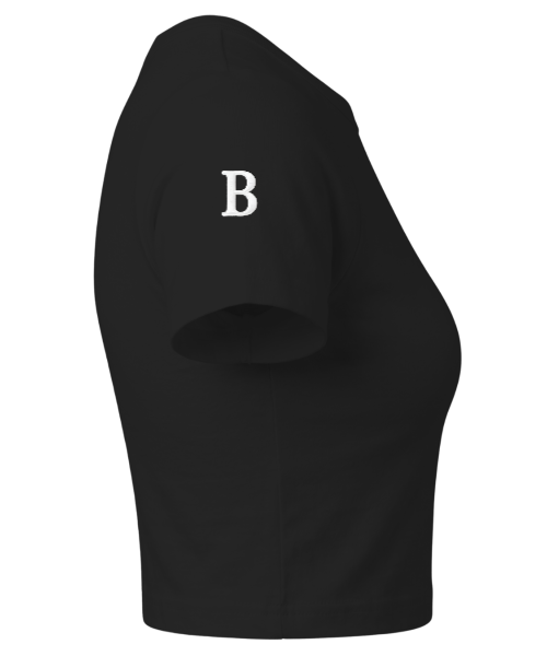 Black raglan baby tee or crop top by Bonheur made from 220 GSM fabric, shown on a plain background.
