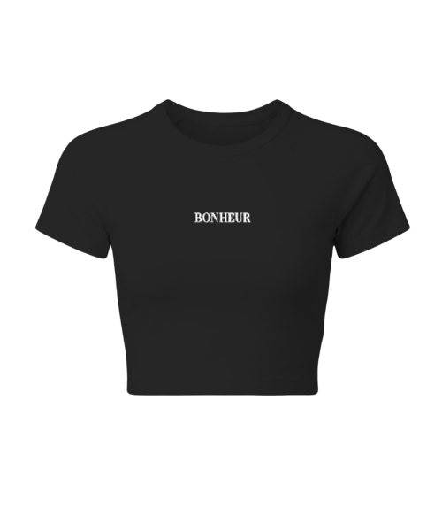 Soft white raglan baby tee crop top by BONHEUR, featuring contrasting sleeves and 220 GSM cotton fabric.
