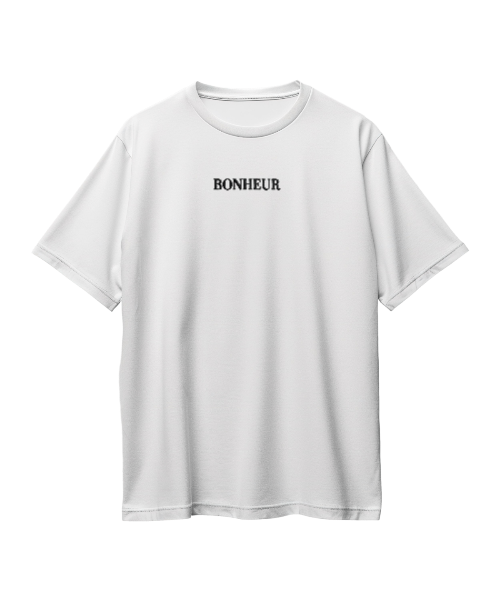Unisex oversized BONHEUR T-shirt in 180 GSM fabric, showing a relaxed fit with soft cotton texture and casual style.